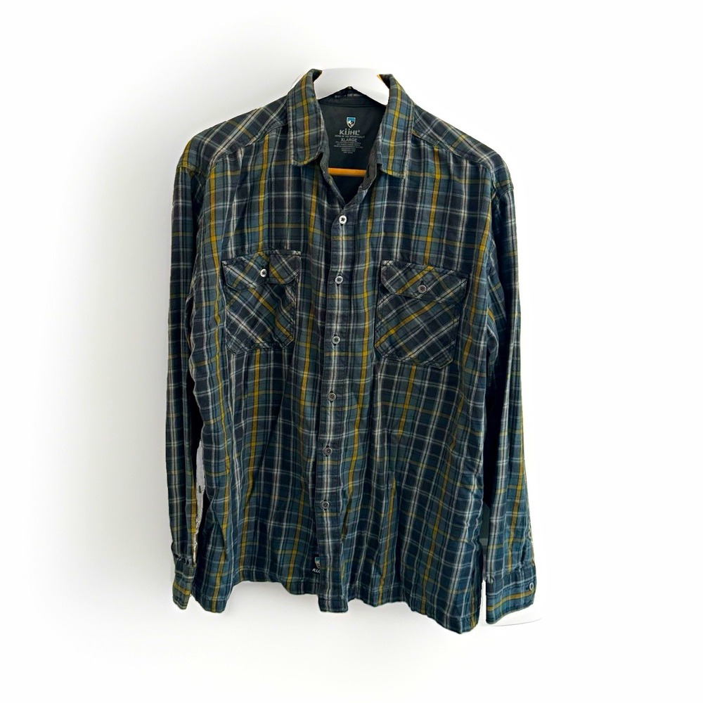 Kuhl Mens XL Plaid Long Sleeve Button Up Shirt Blue Gray Yellow